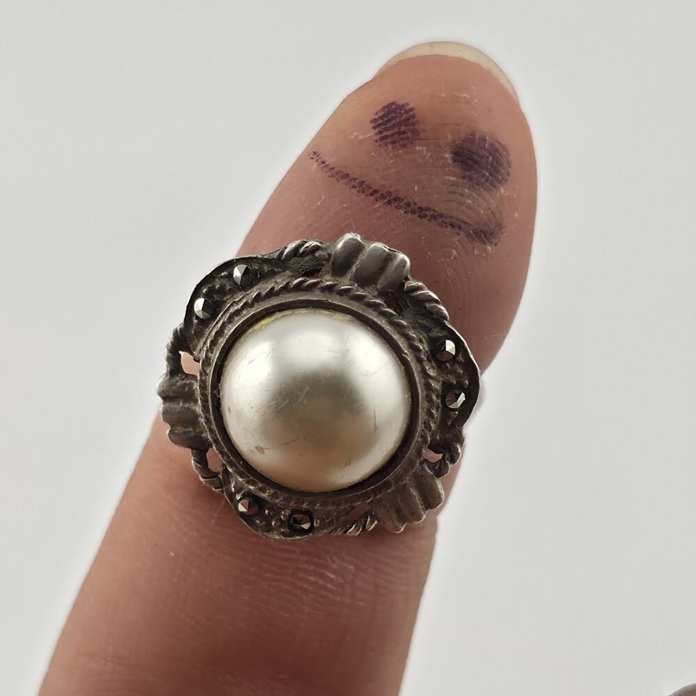 Vintage Sterling Silver Faux Pearl & Marcasite Statement Ring Size 7.25